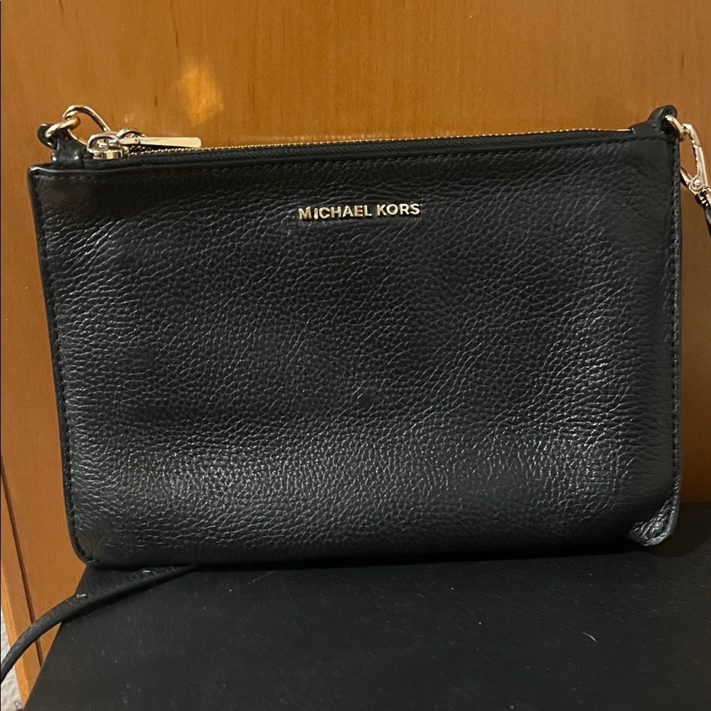 Michael Kors Black Leather Crossbody Bag with Gold Hardware